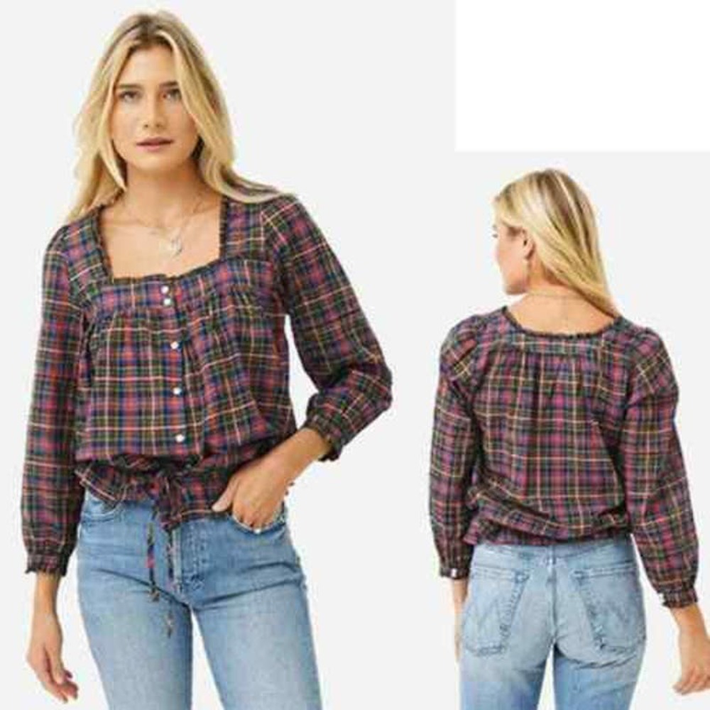 Birds of Paradis Trovata Eunice Square Neckline Ruffle Blouse Trail Plaid M NWT - Picture 11 of 11